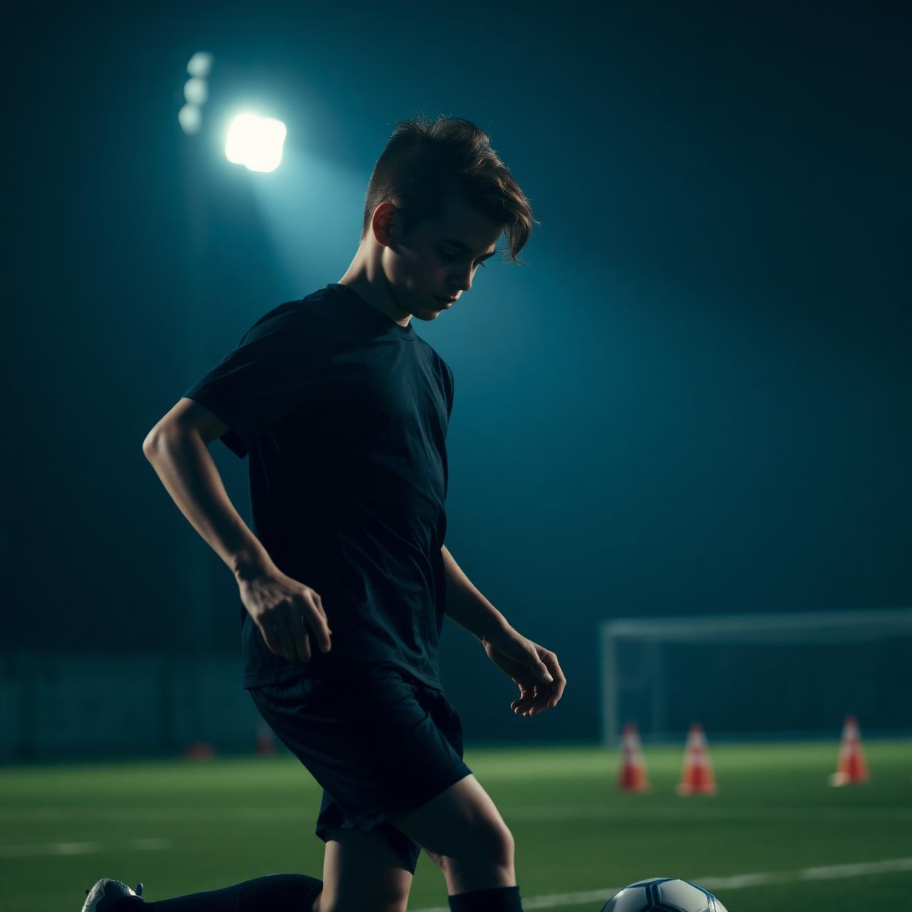 Young footballer dribbling under stadium lights